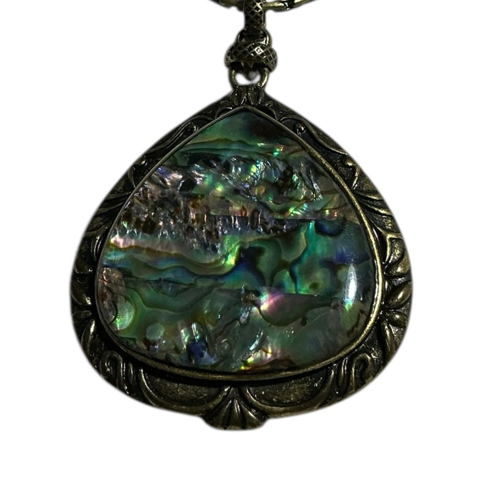Brass and Abalone Shell Reversible Pendant Necklace - Iridescent Green Blue -